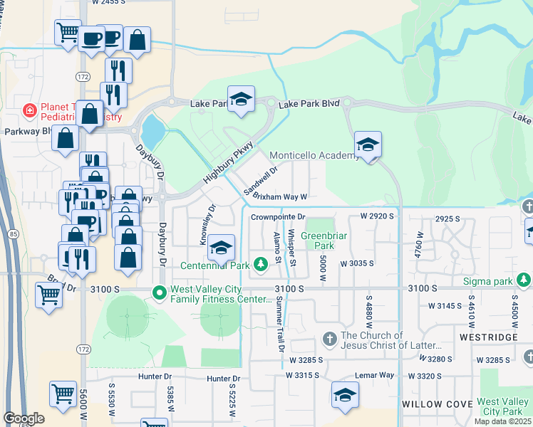 map of restaurants, bars, coffee shops, grocery stores, and more near 5144 Crownpointe Drive in West Valley City