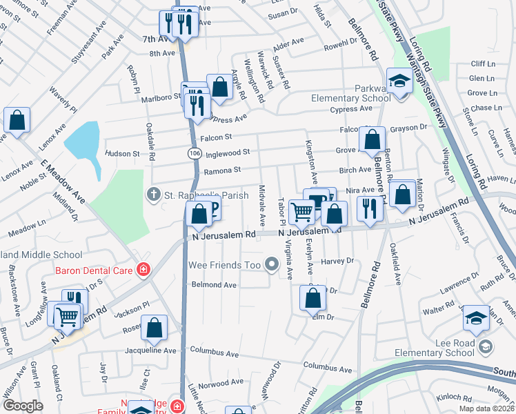map of restaurants, bars, coffee shops, grocery stores, and more near 640 Midvale Avenue in East Meadow