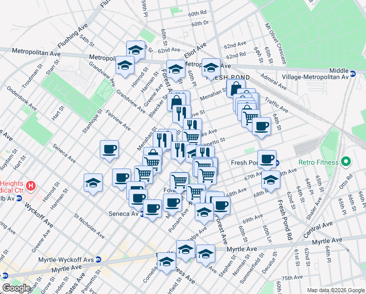 map of restaurants, bars, coffee shops, grocery stores, and more near in Queens