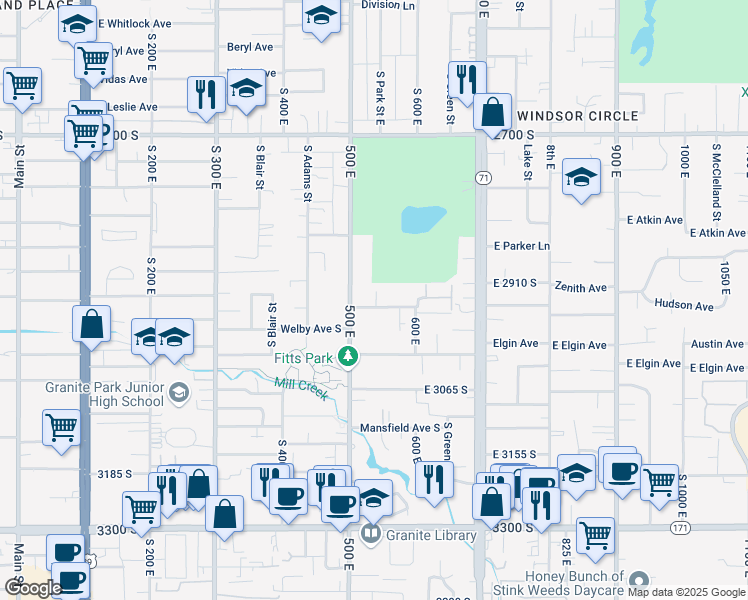 map of restaurants, bars, coffee shops, grocery stores, and more near 535 East Garden Avenue in South Salt Lake