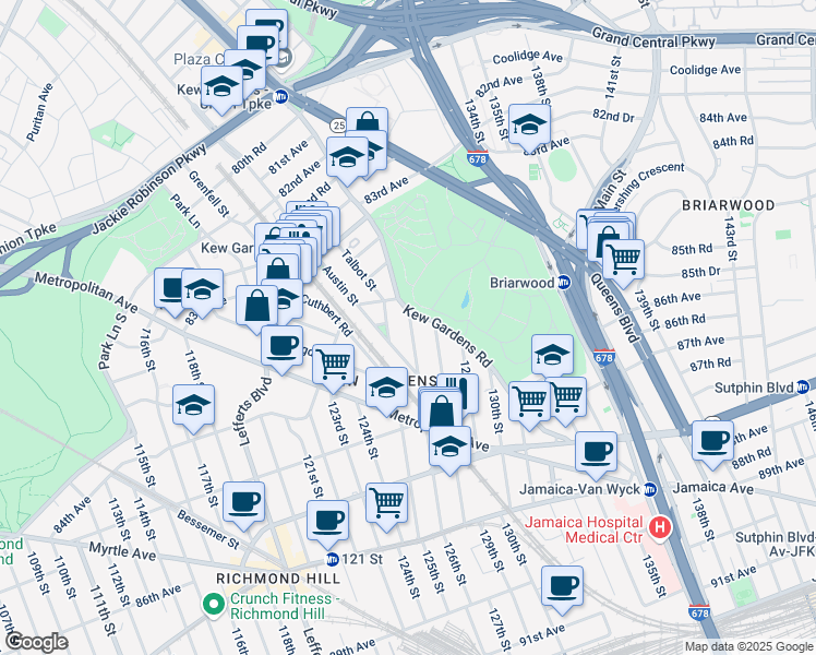 map of restaurants, bars, coffee shops, grocery stores, and more near 84-12 126th Street in Queens