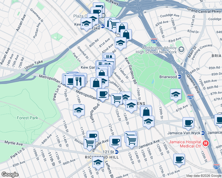 map of restaurants, bars, coffee shops, grocery stores, and more near 84-38 Beverly Road in Queens