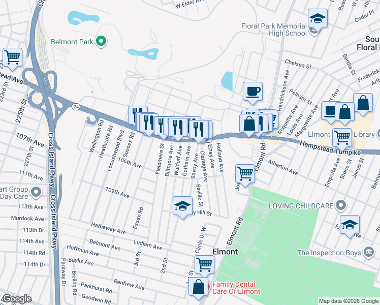 map of restaurants, bars, coffee shops, grocery stores, and more near 40 Gotham Avenue in Elmont