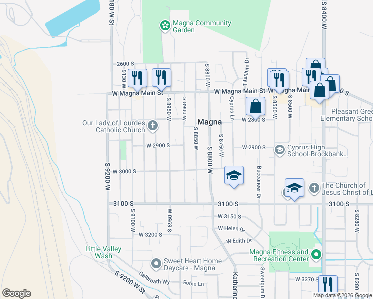 map of restaurants, bars, coffee shops, grocery stores, and more near 2917 South 8900 West in Magna