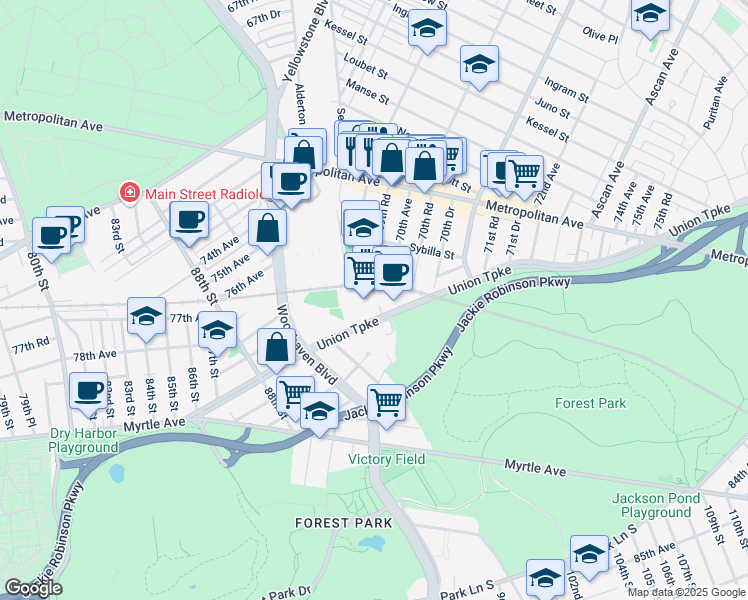 map of restaurants, bars, coffee shops, grocery stores, and more near 8989 Union Turnpike in Queens