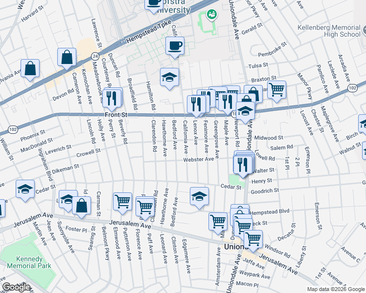 map of restaurants, bars, coffee shops, grocery stores, and more near 354 Bedford Avenue in Uniondale