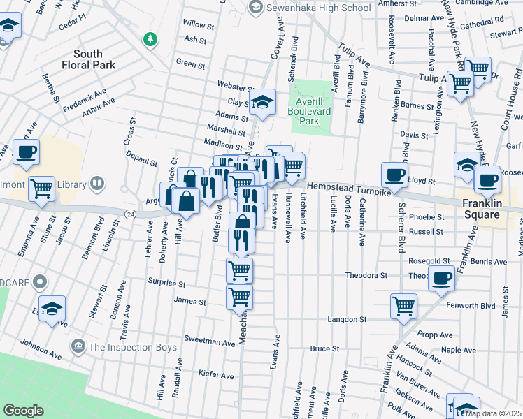 map of restaurants, bars, coffee shops, grocery stores, and more near 42 Evans Avenue in Elmont