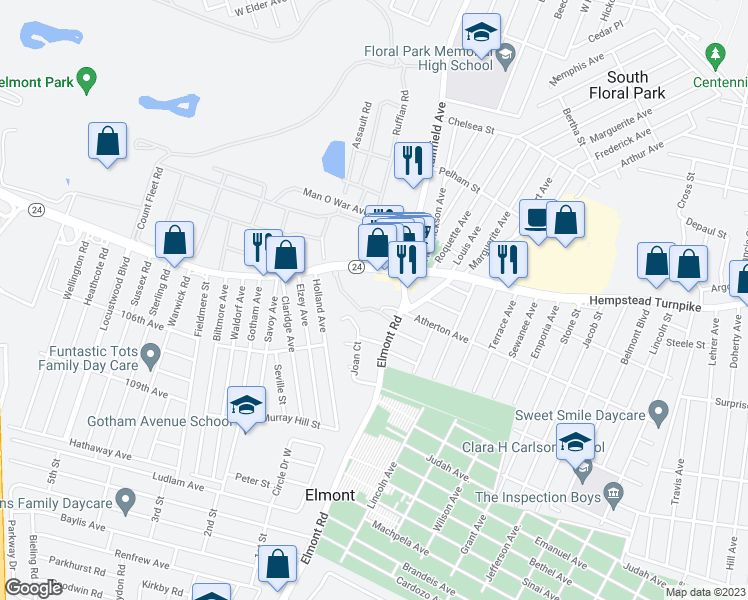 map of restaurants, bars, coffee shops, grocery stores, and more near 138 Elmont Road in Elmont
