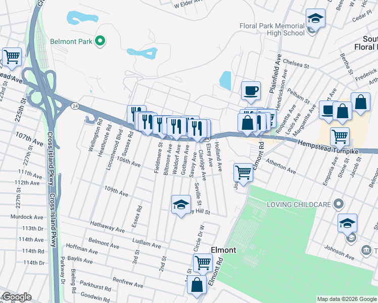 map of restaurants, bars, coffee shops, grocery stores, and more near 40 Gotham Avenue in Elmont