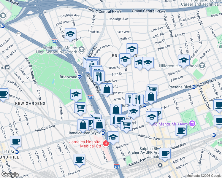 map of restaurants, bars, coffee shops, grocery stores, and more near 139-29 87th Avenue in Queens