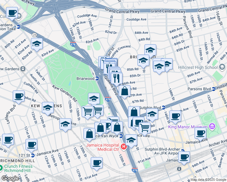 map of restaurants, bars, coffee shops, grocery stores, and more near 138-50 Queens Boulevard in Queens