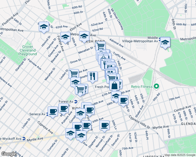 map of restaurants, bars, coffee shops, grocery stores, and more near 60-39 Madison Street in Queens