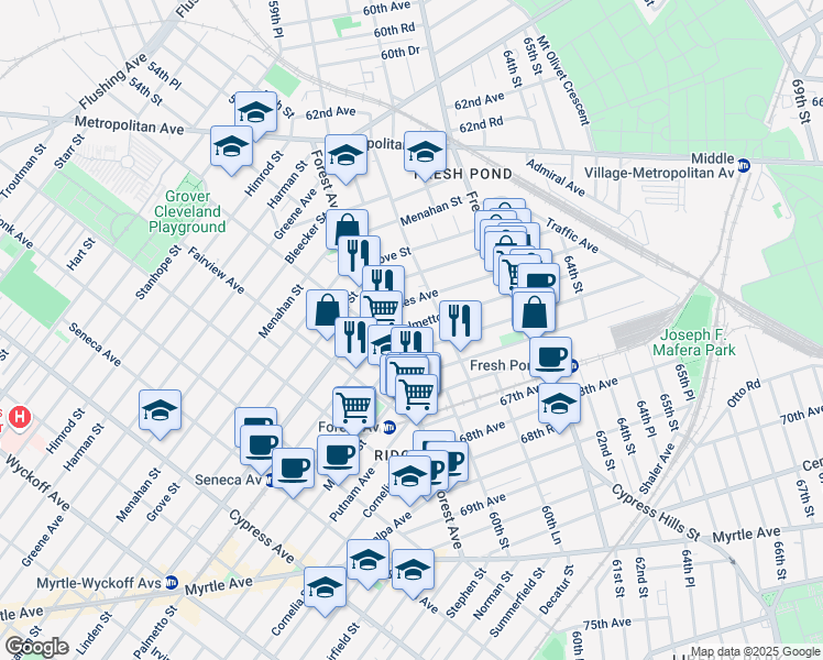 map of restaurants, bars, coffee shops, grocery stores, and more near 5921 Woodbine Street in Queens