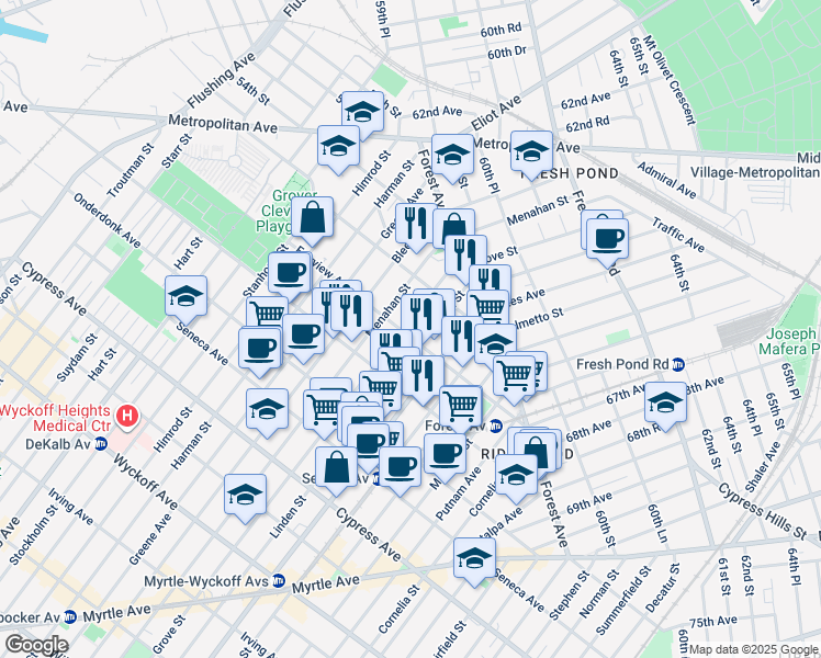 map of restaurants, bars, coffee shops, grocery stores, and more near 6-04 Fairview Avenue in Queens