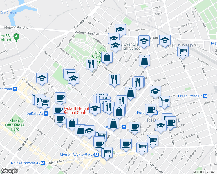 map of restaurants, bars, coffee shops, grocery stores, and more near 5-16 Woodward Avenue in Queens