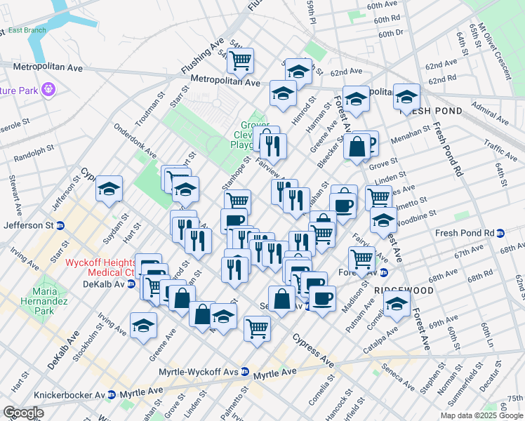 map of restaurants, bars, coffee shops, grocery stores, and more near 18-67 Greene Avenue in Queens