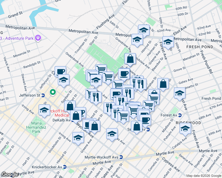 map of restaurants, bars, coffee shops, grocery stores, and more near 456 Onderdonk Avenue in Queens