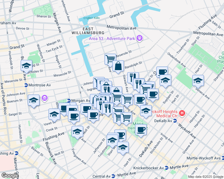 map of restaurants, bars, coffee shops, grocery stores, and more near 141 Harrison Place in Brooklyn