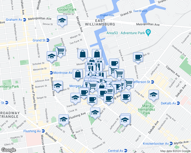 map of restaurants, bars, coffee shops, grocery stores, and more near in Brooklyn