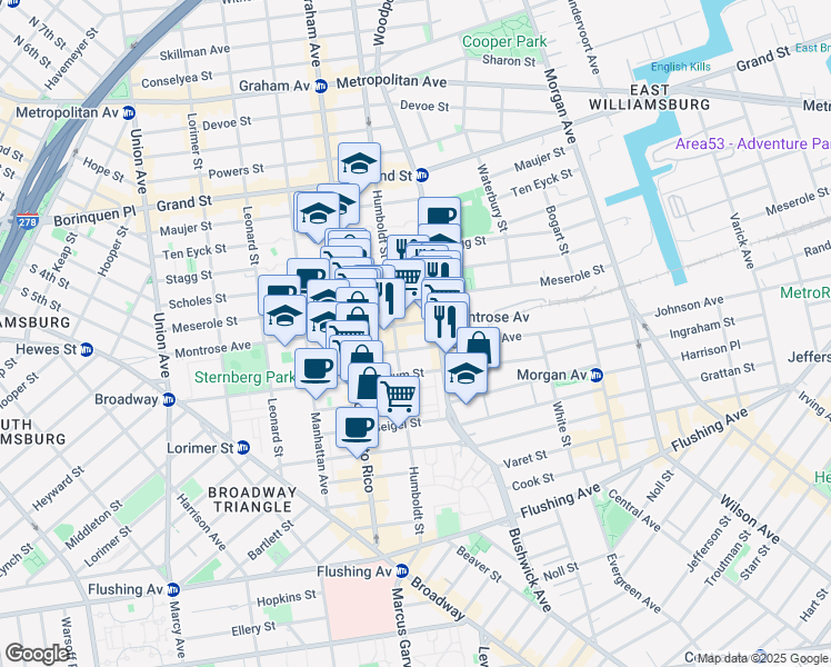 map of restaurants, bars, coffee shops, grocery stores, and more near 221 Johnson Avenue in Brooklyn