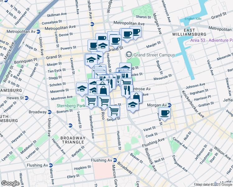 map of restaurants, bars, coffee shops, grocery stores, and more near 221 Johnson Avenue in Brooklyn