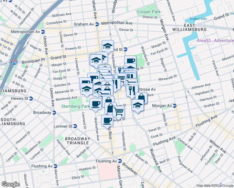 map of restaurants, bars, coffee shops, grocery stores, and more near 221 Johnson Avenue in Brooklyn