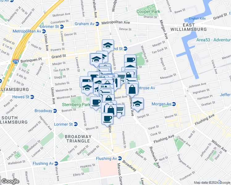 map of restaurants, bars, coffee shops, grocery stores, and more near 181 Montrose Avenue in Brooklyn