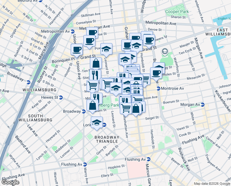 map of restaurants, bars, coffee shops, grocery stores, and more near 108 Montrose Avenue in Brooklyn