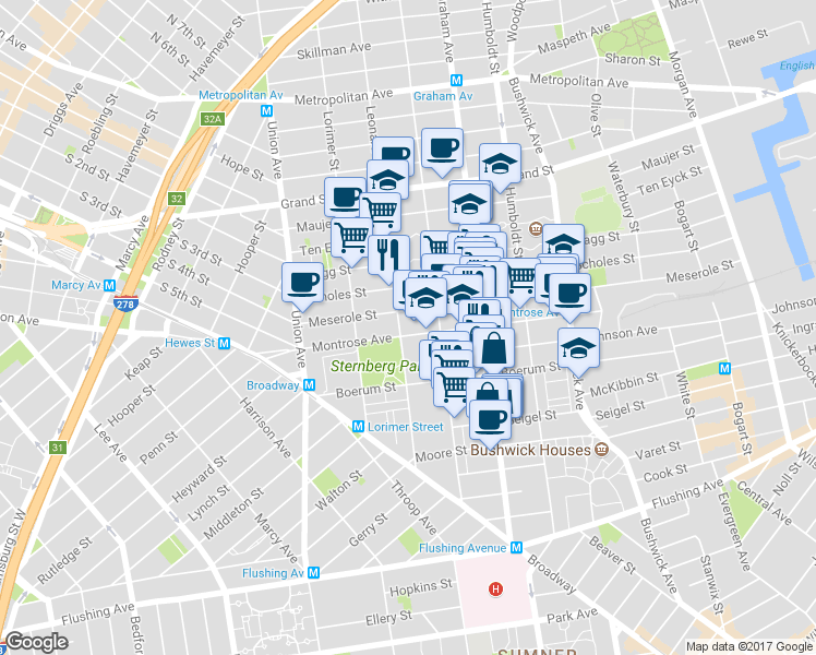 map of restaurants, bars, coffee shops, grocery stores, and more near 108 Montrose Avenue in Brooklyn