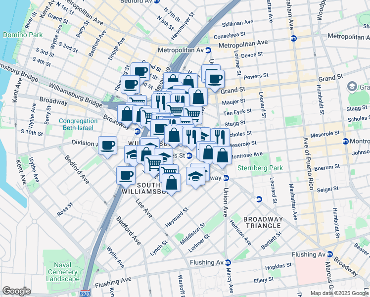 map of restaurants, bars, coffee shops, grocery stores, and more near 361 Broadway in Brooklyn