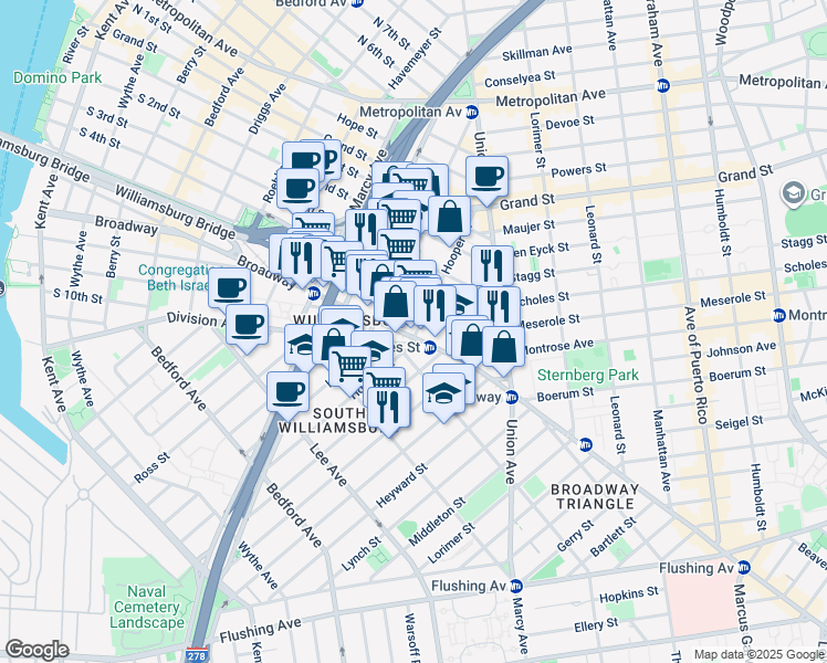 map of restaurants, bars, coffee shops, grocery stores, and more near 361 Broadway in Brooklyn