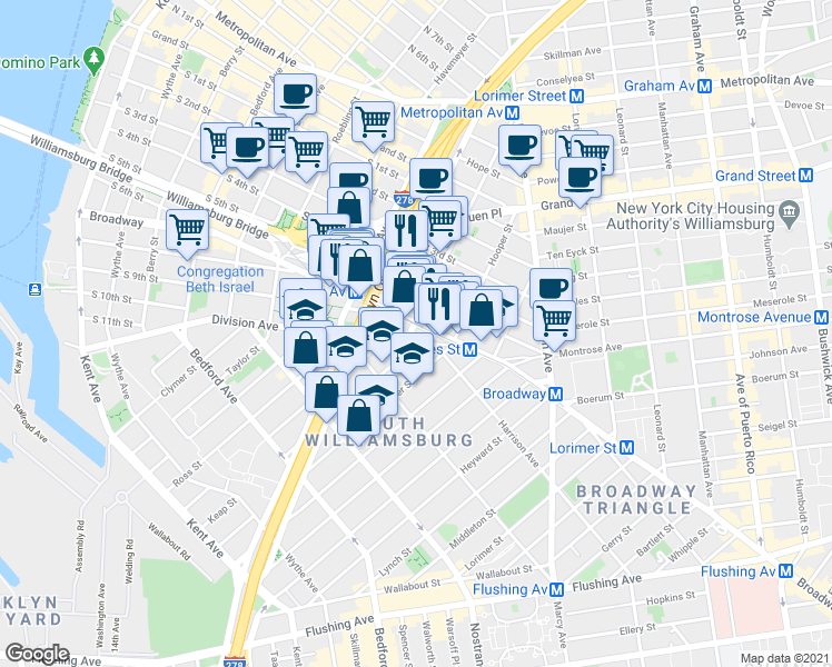 map of restaurants, bars, coffee shops, grocery stores, and more near in Brooklyn