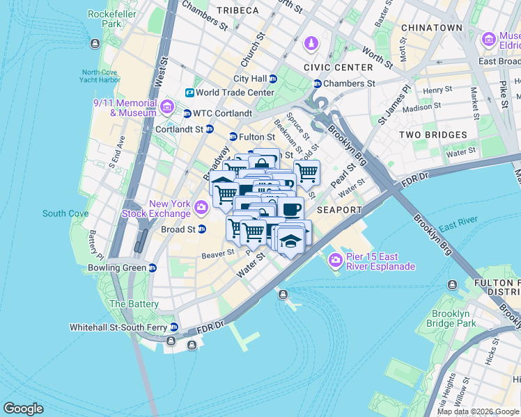 map of restaurants, bars, coffee shops, grocery stores, and more near 101 Maiden Lane in New York