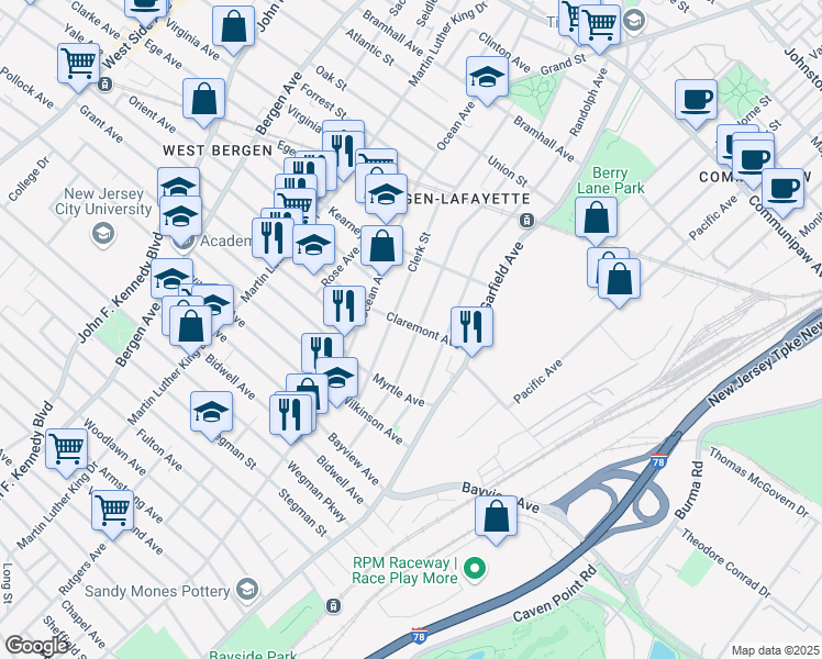 map of restaurants, bars, coffee shops, grocery stores, and more near 143 Arlington Avenue in Jersey City