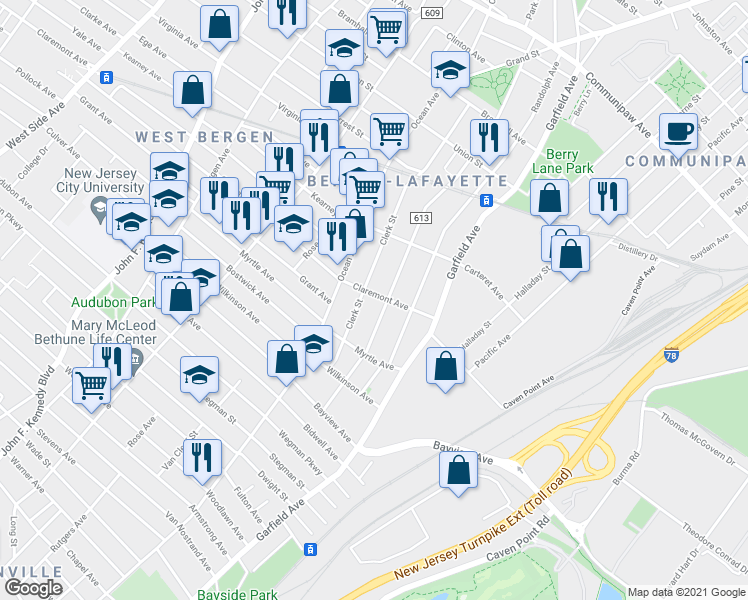 map of restaurants, bars, coffee shops, grocery stores, and more near 143 Arlington Avenue in Jersey City
