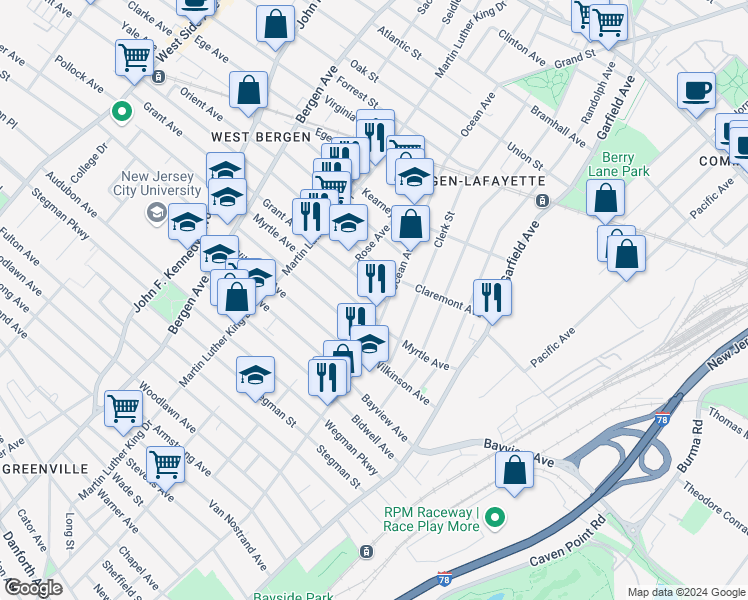 map of restaurants, bars, coffee shops, grocery stores, and more near 91 Myrtle Avenue in Jersey City