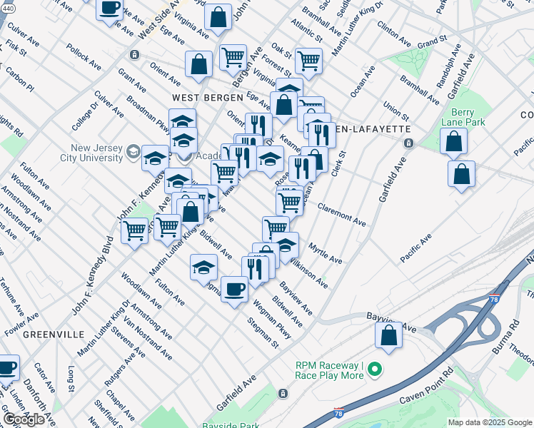 map of restaurants, bars, coffee shops, grocery stores, and more near 91 Myrtle Avenue in Jersey City