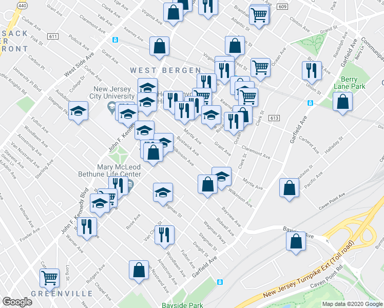 map of restaurants, bars, coffee shops, grocery stores, and more near 53 Bostwick Avenue in Jersey City
