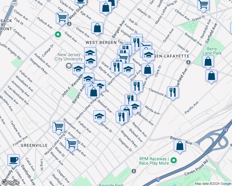 map of restaurants, bars, coffee shops, grocery stores, and more near 53 Bostwick Avenue in Jersey City
