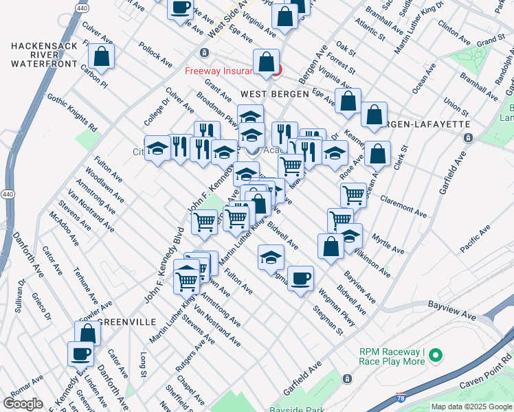 map of restaurants, bars, coffee shops, grocery stores, and more near 215 Bidwell Avenue in Jersey City