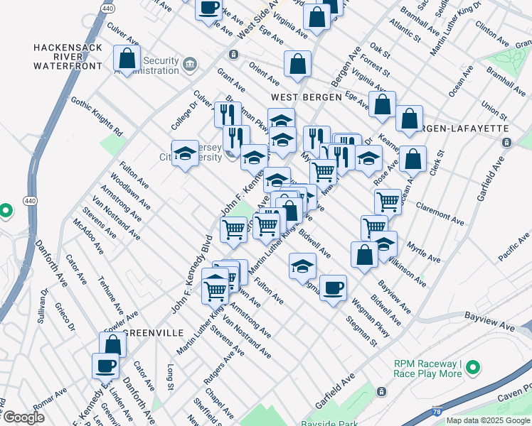 map of restaurants, bars, coffee shops, grocery stores, and more near 215 Bidwell Avenue in Jersey City