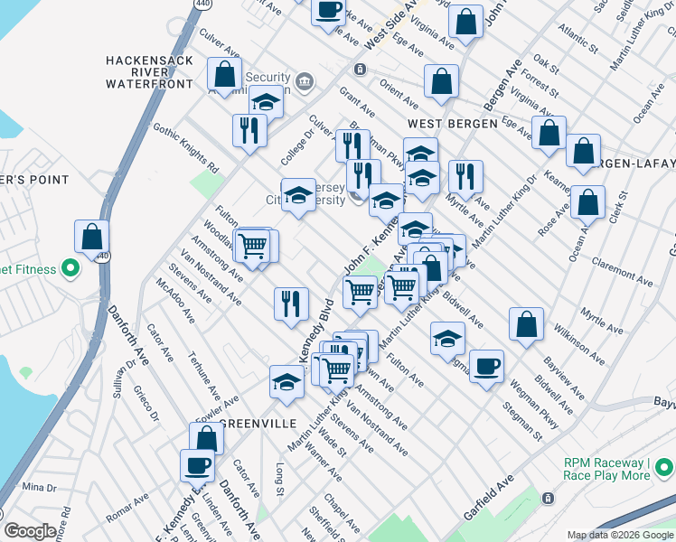 map of restaurants, bars, coffee shops, grocery stores, and more near 1974 John F. Kennedy Boulevard in Jersey City