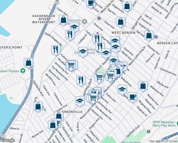 map of restaurants, bars, coffee shops, grocery stores, and more near 4 Westminster Avenue in Jersey City