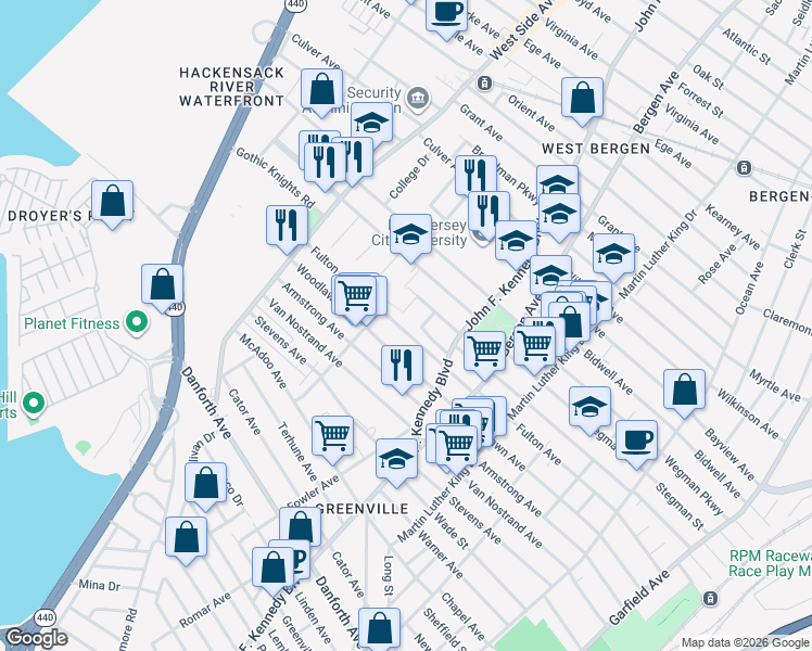 map of restaurants, bars, coffee shops, grocery stores, and more near 299 Fulton Avenue in Jersey City