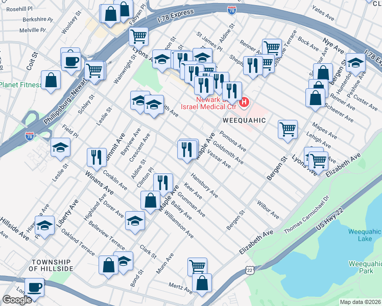 map of restaurants, bars, coffee shops, grocery stores, and more near 197 Chancellor Avenue in Newark
