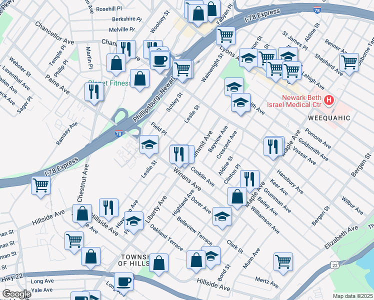 map of restaurants, bars, coffee shops, grocery stores, and more near 1584 Summit Avenue in Hillside
