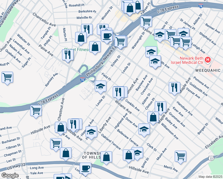 map of restaurants, bars, coffee shops, grocery stores, and more near 1564 Wyndmoor Avenue in Hillside