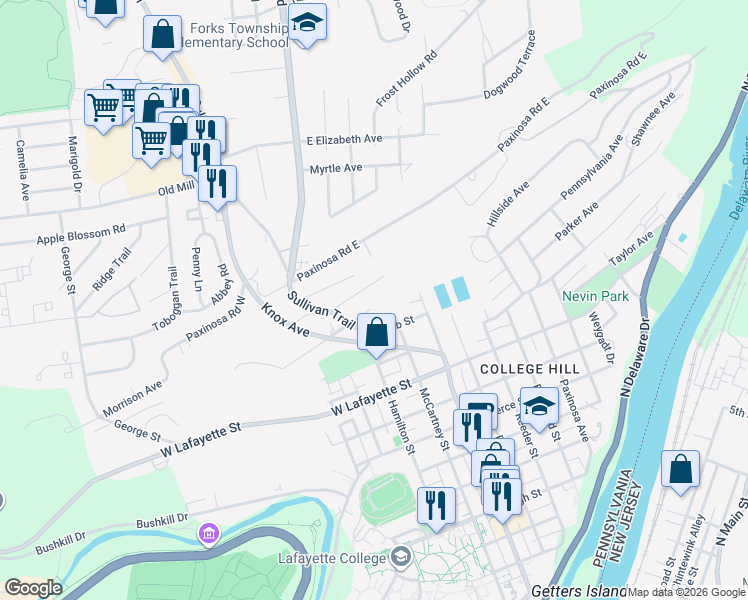map of restaurants, bars, coffee shops, grocery stores, and more near 205 East Fairfield Avenue in Easton