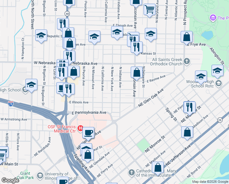 map of restaurants, bars, coffee shops, grocery stores, and more near 1616 North New York Avenue in Peoria