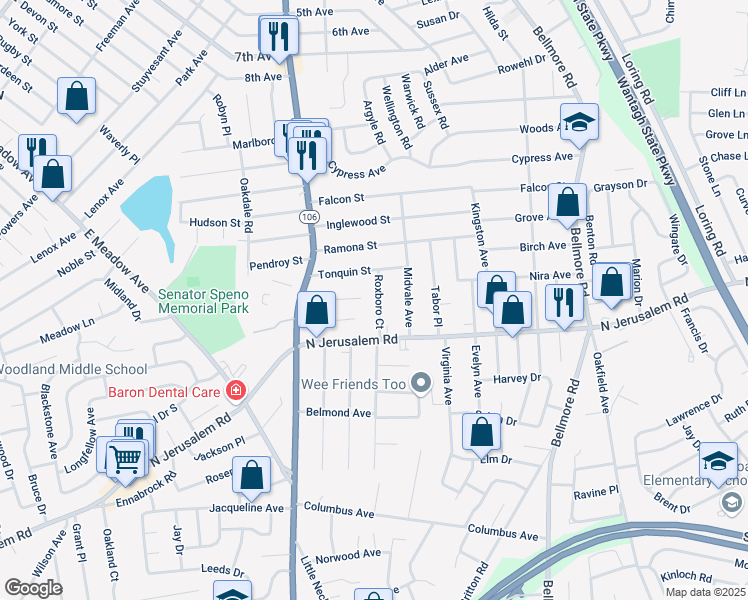 map of restaurants, bars, coffee shops, grocery stores, and more near 632 Roxboro Court in East Meadow
